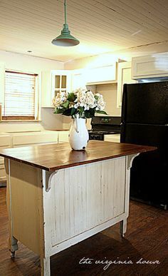 Dresser Kitchen, Wooden Island, Dresser Kitchen Island, Craft Recipes, Virginia House, Beach Bungalow, Wash Stand, File Cabinets, Virginia Homes