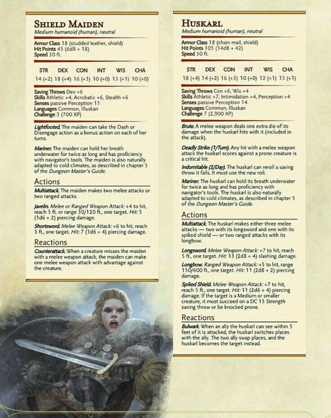 Viking style NPCs: Shieldmaiden (CR 3) & Huskarl (CR 7) – DnD 5e Homebrew Dnd Army, Dnd Resources, Dnd Concept, Dnd Creatures, Dnd Npc, Cr 7, Dnd Stats, Dragons 5e, D D Character Ideas