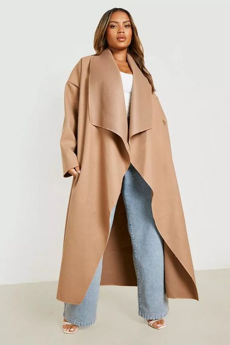 Plus Wool Look Waterfall Coat | boohoo Pea Coats Women Plus Size, Plus Size High Fashion, Plus Size Jackets For Women, Long Coat Outfit, Waterfall Coat, Plus Size Coat, Plus Size Winter Outfits, Outfit 2023, Plus Size Jackets