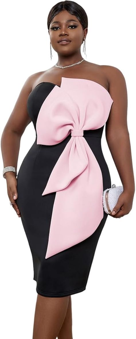 Amazon.com: AOMEI Women's Black Cold Shoulder Strapless Pink Big Bow Bodycon Knee Length Dress (2XL,XX-Large) : Clothing, Shoes & Jewelry Bow Dresses, Party Midi Dress, Embellished Mini Dress, Bow Applique, Dress Classy, Talk Of The Town, Midi Dress Party, Style Upgrade, Dinner Dress