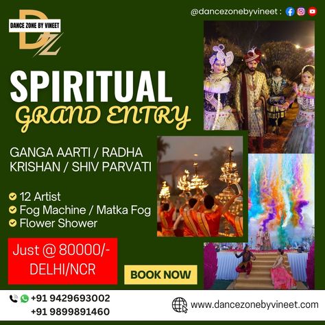 ✨ Experience the Spiritual Grand Entry with Dance Zone by Vineet! ✨ Immerse yourself in the divine aura of Ganga Aarti and the enchanting tales of Radha-Krishna and Shiv-Parvati as we unveil a mesmerizing spectacle at your special event. Our expert team brings to life the essence of spirituality through a captivating performance that combines grace, tradition, and cultural richness. Featuring: 🌟 12 Artists performing traditional and contemporary interpretations. 🌫️ Fog Machine/Matka Fog for... Artists Performing, Wedding Choreography, Ladies Sangeet, Shiv Parvati, Bride Entry, Grand Entry, Fog Machine, Solo Performance, Dance Instructor