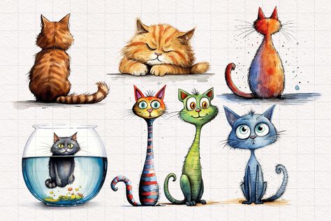 Funny Cat Paintings, Quirky Prints, Whimsy Art, Whimsical Art Paintings, Art Beat, Cat Art Illustration, Cat Clipart, Watercolor Pictures, Whimsical Cats