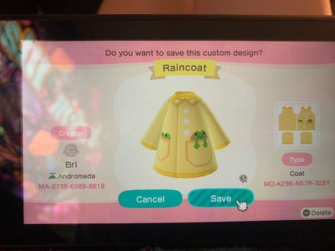 Acnh Raincoat Codes, Animal Crossing Raincoat, Acnh Raincoat Designs, Acnh Raincoat, Acnh Spring, Code Clothes, Rain Outfit, Spring Animals, Rain Hat