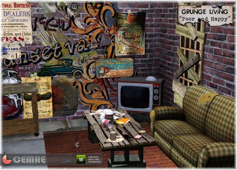 Grunge Living Poor and Happy, by Cemre for thesimsresource.com  Found in TSR Category 'Sims 3 Living Room Sets' Sims 3 Living Room, Punk House, Sims 4 Cc Goth, Grunge Decor, Sims 4 Cc Furniture Living Rooms, Punk Decor, Sims 3 Cc, Grunge Bedroom, Sims 3 Cc Finds