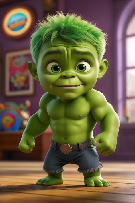 Baby Hulk, Disney Pixar cartoon character, digital painting Green Cartoon Characters, Hulk Kids, Green Cartoon, Hulk Art, Child Care, Cartoon Character, Childcare, Hulk, Disney Pixar