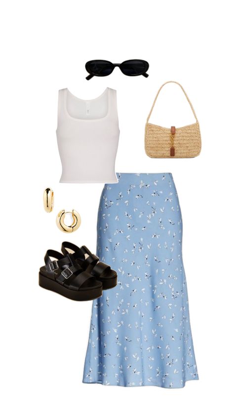 trending summer 2024 outfit blue floral maxi midi skirt black chunky sandals white ribbed tank top black sunglasses chunky gold hoops ysl bag purse Blue Floral Skirt Outfit, Blue Midi Skirt Outfit, Black Chunky Sandals, White Ribbed Tank Top, Floral Skirt Outfits, Chunky Black Sandals, Blue Midi Skirt, Blue Floral Skirt, Midi Skirt Black