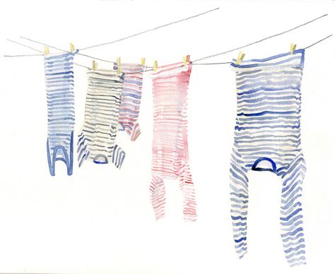 Clothesline Watercolor Painting, Washing Line Illustration, Clothesline Drawing, Watercolor Clothesline, Clothes Line Drawing, Clothesline Illustration, Watercolor Laundry, Washing Illustration, Clothesline Art