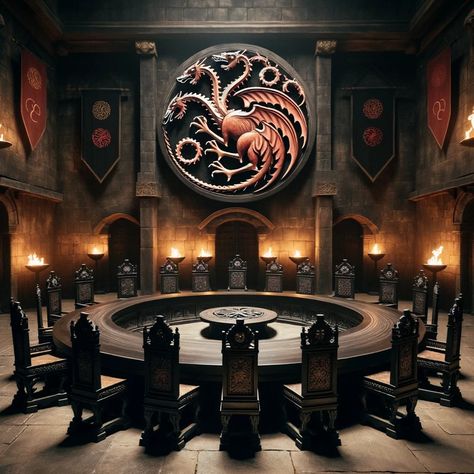 Castle Council Room, Castle Bedroom Medieval, Targeryan Aesthetic, Game Of Thrones Table, Throne Aesthetic, Dragonstone Castle, A Tale Of Magic, Dragon Throne, Dragon Palace