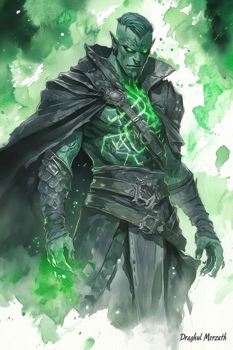 Draghul possesses an aura of mysticism, as opposed to the brute force so commonly associated with his ilk. His emerald skin is etched with intricate runic tattoos that flicker with an eerie dark glow, a mark of his pact with an eldritch patron. Pathfinder Character Art, Orc Warlock, Warlock Tattoo, Character Showcase, Warlock Dnd, Magic Realms, Blood Hunter, Pathfinder Character, Childhood Characters