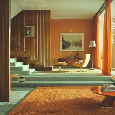 A series of mid-century modern rooms, each showcasing the psychological impact of different color schemes (energizing, tranquil, and warm)3 Mid Century Art Deco Interior, 50s Mid Century Modern, 1950s Apartment Interior, Living Room Designs Retro, 80's Living Room, 70s Mid Century Bedroom, 20s Interior Design, Retro Design Interior, Modernism Interior Design