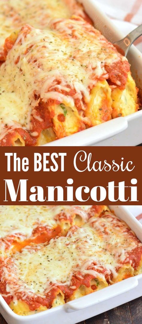 Classic Manicotti Recipe Manicotti Pasta, Homemade Pasta Sauce, Shaped Pasta, Manicotti Recipe, Cheese Mozzarella, Stuffed Pasta, Pasta Sauce Homemade, Italian Dinner Recipes, Pasta Shells