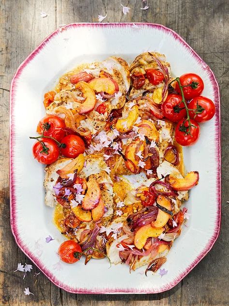 Sheet-Pan Chicken with Peaches and Tomatoes Low Sodium Dinners, Cholesterol Lowering Recipes, Low Cholesterol Foods, Low Cholesterol Meals, Cholesterol Friendly Recipes, Fresh Peach Recipes, Cholesterol Meals, Low Sodium Foods, Sodium Foods