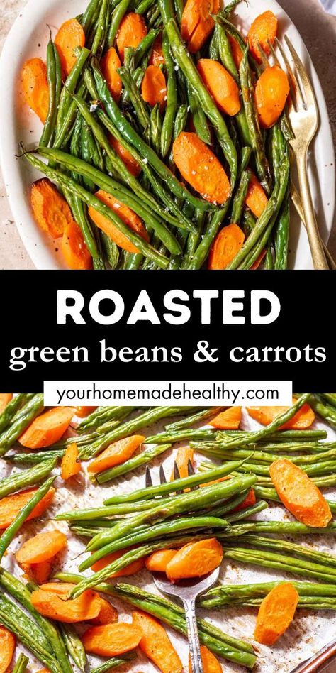 Roasted green beans and carrots on a serving platter with a fork. Roasted Green Beans And Carrots, Green Beans And Carrots, Green Beans Side, Healthy Easter Recipes, Green Beans Side Dish, Family Breakfast Recipes, Easy Vegetable Recipes, Carrots And Green Beans, Easter Side Dishes