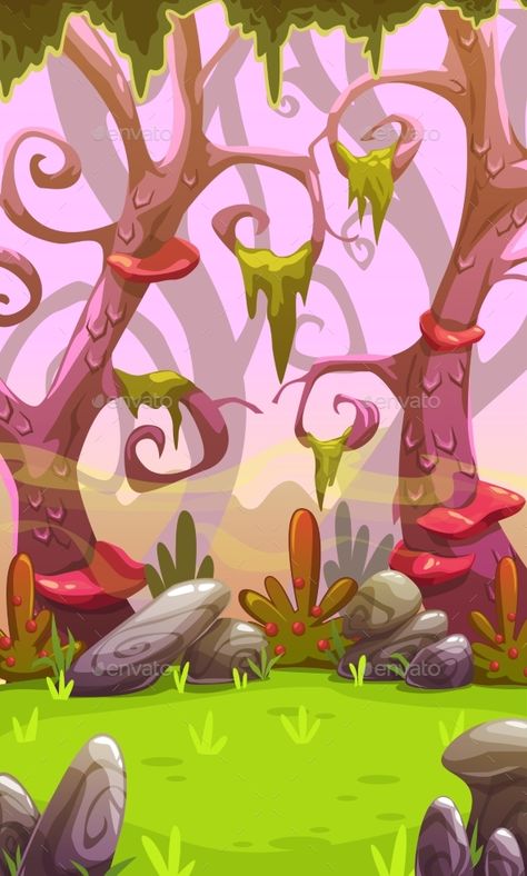 Fantasy Cartoon Forest Landscape. by Lilu330 Fantasy cartoon forest landscape. Vertical nature background for mobile phone screen. Cool colorful outdoor illustration. Level lo Fantasy Background Forests, Cartoon Nature Background, Vertical Illustration, Background For Mobile, Outdoor Illustration, Games Background, Cartoon Landscape, Cartoon Forest, Illustration Forest