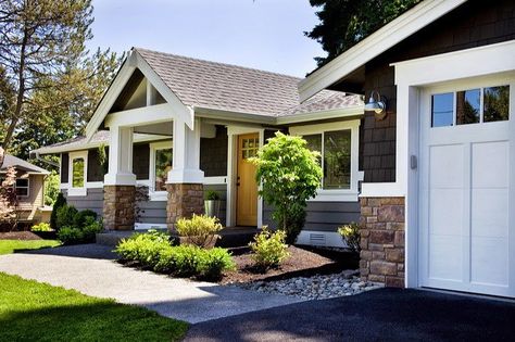 I would like to pull front entry out like this to create a bigger porch and gable at entry - lol - we haven't even built it and I am already thinking remodel - but maybe someday. Adding On To Front Of House, Ranch Bungalow Exterior, Bungalow Exterior Makeover, Exterior Ranch Remodel, Portico Ideas, Front Portico, Ranch Makeover, White Garage, Craftsman Trim