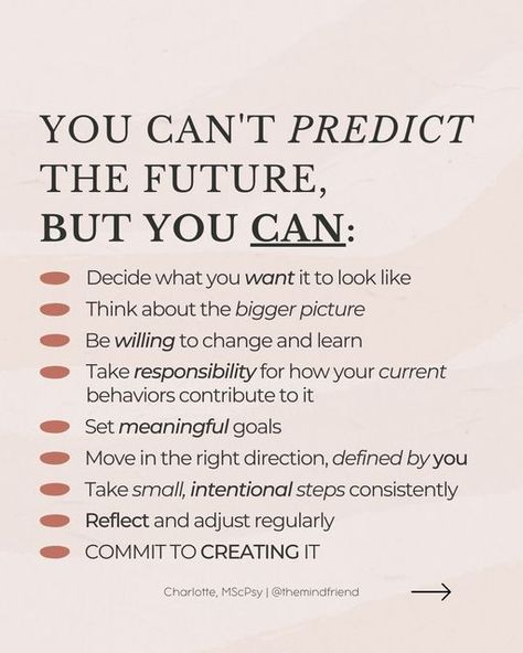 Charlotte | Psychologist (MSc.) | Career & Leadership Coach on Instagram: "No one knows what the future will actually look like. Tomorrow is never guaranteed. But don't let the inability to 𝘱𝘳𝘦𝘥𝘪𝘤𝘵 the future convince you that you can't take meaningful steps to 𝘤𝘳𝘦𝘢𝘵𝘦 it. Every day, you make hundreds of choices. You can only let those be in service to the future you want to create when you know what that looks like. When you're drifting without a sense of direction, life often feels Mental Models, Girl Qoutes, Motivational Memes, Future Quotes, Goal Tracking, Coach Quotes, Leadership Coaching, Study Motivation Quotes, Health Knowledge