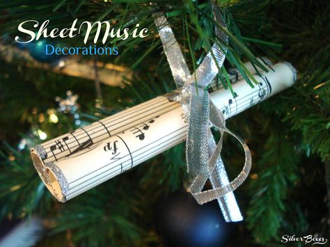 Silver Boxes: More Sheet Music Decorations Music Decorations, Sheet Music Ornaments, Music Christmas Ornaments, Victorian Christmas Tree, Music Tree, Sheet Music Crafts, French Music, Music Themed Parties, Music Ornaments