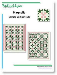 MAGNOLIA quilt block pattern to download Magnolia Quilt Pattern, Free Quilt Block Patterns, Fun Quilts, Fall Quilt Patterns, Sewing Machine Instruction Manuals, Simple Quilt, Fall Quilt, Kaleidoscope Quilt, Sewing Templates