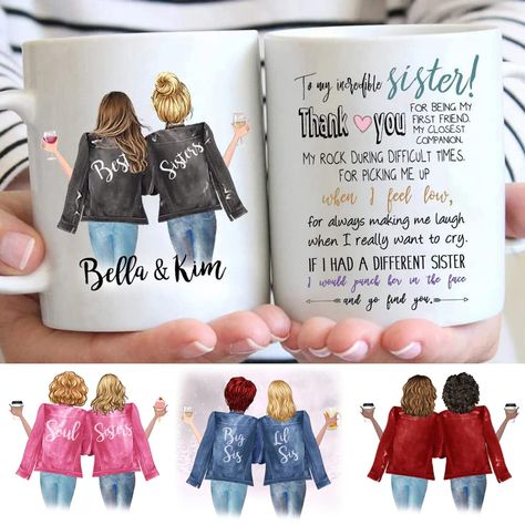 PRICES MAY VARY. PERFECT BIRTHDAY OR MOTHER'S DAY GIFT FOR SISTER FROM SISTER: Show your litter sister, big sister or best friend how much you love and miss her with warm heart & funny mug! This coffee mug is suitable for any occasions, like Wedding, Mother's day, birthday, Thanksgiving Day or Christmas xmas day. This is the perfect gift for them to use every day in the office. CUSTOM SISTER MUGS: 1. click "customize now" button, choose size, skin colors, beverage,matching hairstyles and enter t Bestie Sayings, Female Christmas Gifts, Gifts For Cousin, Coffee Mug Gift Ideas, Gift Ideas For Sister, Sister Mug, Mom Blanket, Friendship Birthday, Special Friend Quotes