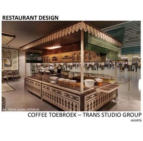 Restaurant design "Coffee Toebroek" designed by Kevin Aldric Interior. Client : trans studio group. Inspired by indonesian traditional restaurant but it is interpreted in the modern way. Modern Indonesian Interior, Indonesian Restaurant, Kampung Melayu, Traditional Restaurant, Buffet Style, Food Kiosk, Restaurant Exterior, Cafe Concept, Indonesian Cuisine