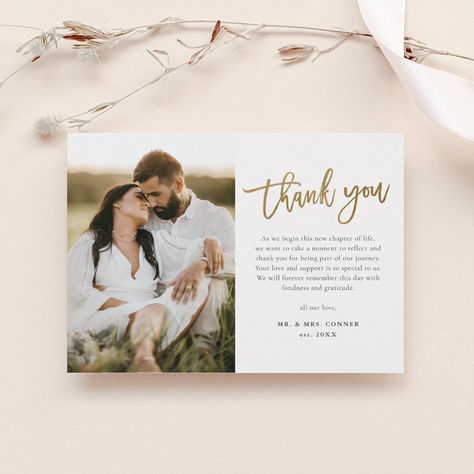 Modern Gold Script 2 Photo Wedding Thank You Card | #weddingthankyoucard #modern #gold #scriptcalligraphyhandwritten #2photo #typography #simple #minimal #chic #elegant Photo Typography, Wedding Thank You Postcards, Script Calligraphy, Thank You Photos, Thank You Postcards, Botanical Wedding, Photo Wedding, Minimal Chic, Free Birthday Invitation Templates