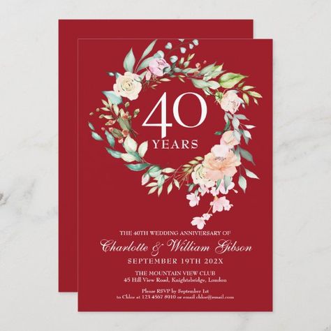 40th Anniversary Ideas, Happy 40th Anniversary, 40th Anniversary Party, Anniversary Party Invitations, Ruby Anniversary, Anniversary Invitation, Ruby Wedding Anniversary, Wedding Anniversary Celebration, 40th Wedding Anniversary