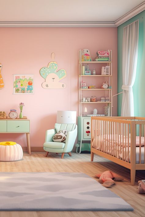 Photo of a soft pink baby nursery, filled with plush toys. Cotton Candy Nursery, Pastel Color Nursery, Pastel Nursery Girl, Pastel Nursery Ideas, Pink And Blue Nursery, Cute Baby Room Ideas, Bedroom Schemes, 2024 Bedroom, Nursery Decor Ideas