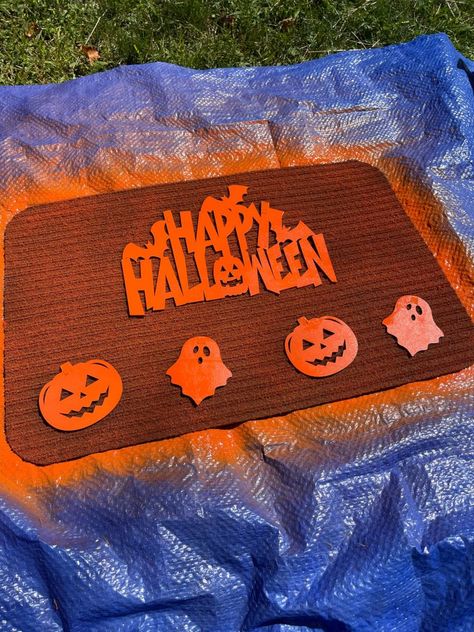 Halloween Rugs Diy, Fall Rug, Halloween Rug, Halloween Mats, Decorating For Halloween, Dollar Tree Halloween, Dollar Tree Fall, Painted Rug, Craft Day