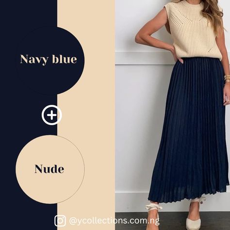 Blue Navy Skirt Outfit, Navy Blue Skirt Outfit Ideas, Navy Blue Color Combinations Outfits, Navy Blue Skirt Outfits, Navy Skirt Outfit, Navy Blue Outfits, Outfit Color Combinations, Outfit Color Combos, Blue Skirt Outfits