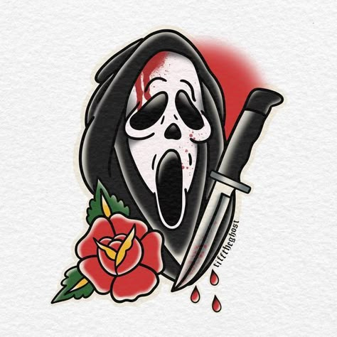 Old Style Tattoos, Horror Movie Tattoos, Nostalgic 90s, Movie Tattoo, Scream 6, Creepy Tattoos, Spooky Tattoos, Traditional Tattoo Design, Tattoo Stencil Outline