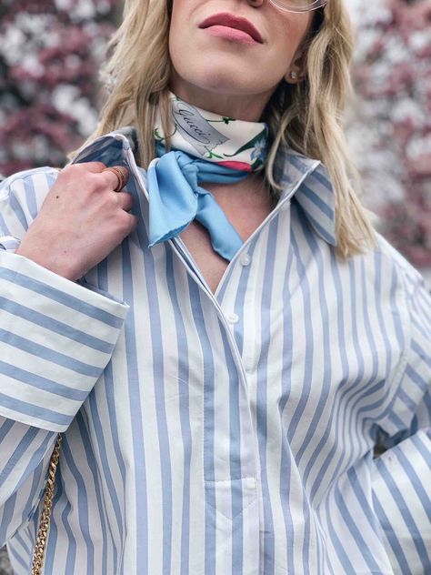 Spring Stripes: Oversized Shirt with Silk Scarf & Straight Leg Jeans - Meagan's Moda Silk Scarf With Button Down Shirt, Scarf Gucci, Sunglasses Dior, Bag Ysl, Future Days, Button Scarf, Spring Stripes, Oversized Button Down Shirt, Hang In There