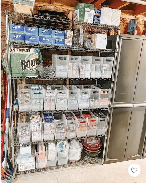 Do you keep a backstock area in your home? There’s no sense in cluttering up the main living areas in your home when you have the space for backstock! This beverage area would overflow the kitchen but makes perfect sense just a few feet away, at the bottom of the basement stairs. Storage Areas In House, Basement Shelf Storage, Ppe Storage Ideas, Basement Freezer Area, Storage In Basement Ideas, Kitchen Drink Storage, Drink Storage Ideas Garage, Food Storage In Garage, Garage Pantry Ideas Food Storage