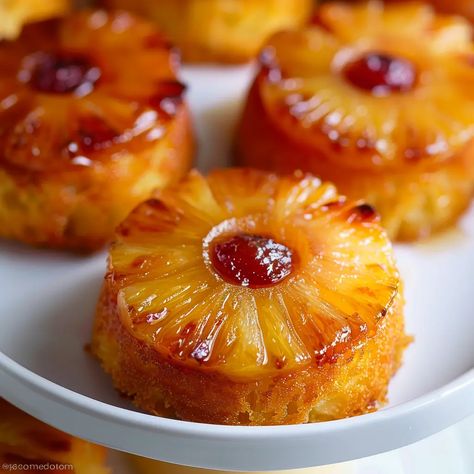 Mini Pineapple Upside Down Cakes Mini Pineapple Upside Down Cheesecake, Pineapple Upside Cake, Pineapple Upside Down Cakes, Pineapple Upside Down Cake Recipe, Mini Pineapple Upside Down Cakes, Upside Down Cakes, Pineapple Upside Down Cupcakes, Pineapple Cake Recipe, Bible Camp