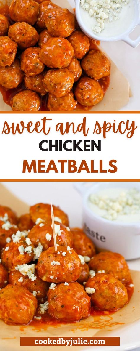 These sweet and spicy chicken meatballs are coated in a honey buffalo sauce for a glaze with a kick. The meatballs are made with ground chicken and bake perfectly in under 20 minutes! Serve these with blue cheese dip on the side for the ultimate game day appetizer, lunch, or dinner. Click through for all the details. Buffalo Chicken Meatballs Crockpot, Honey Buffalo Sauce, Honey Buffalo Chicken, Spicy Chicken Meatballs, Tuna Salad Sandwiches, Delicious Lunch Recipes, Sandwiches Chicken, Meatballs Baked, Spicy Baked Chicken