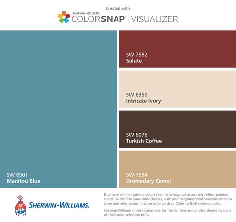 I found these colors with ColorSnap® Visualizer for iPhone by Sherwin-Williams: Manitou Blue (SW 6501), Salute (SW 7582), Intricate Ivory (SW 6350), ... White Living Room Paint, Kitchen Colors For Walls, Brown Couches, Colors For Walls, Trim Ceiling, Dromedary Camel, Brown Furniture Living Room, Main Kitchen, Trendy Kitchen Colors