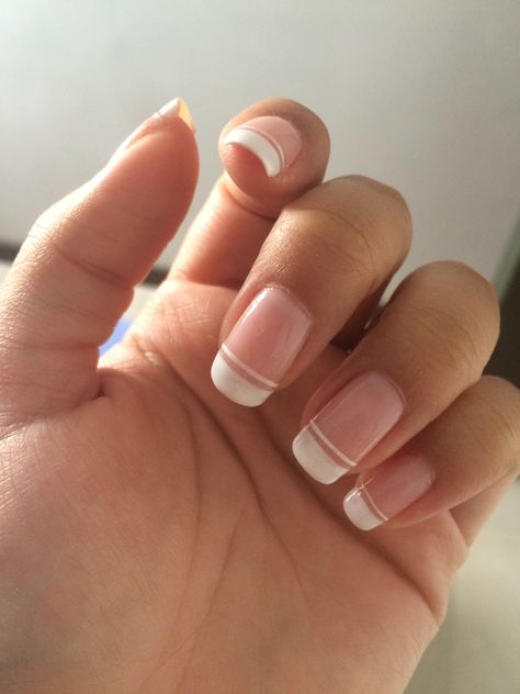 Double Stripe French Manicure, French Manicure With Stripe, Biogel Nails French Tip, Ombre French Tip Nails Squoval, Double Line French Tip Nails Square, Double French Nails Square, French Tip Double Line, Spring French Tip Nails Square, Short Nails Acrylic French Tips