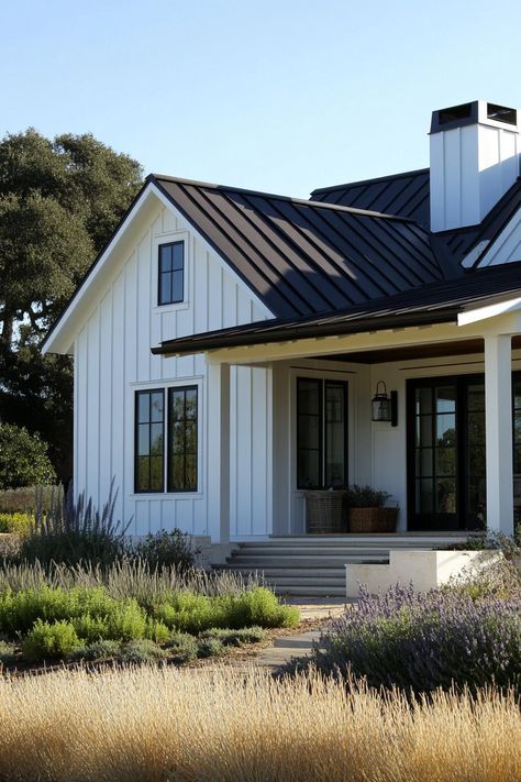 Dark Metal Roof, Simple Barndominium Ideas, White Barndominium, Simple Barndominium, Stair Workout, Black Metal Roof, Cottage Houses, One Story House, Exterior House Remodel