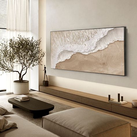 Art Ideas For Living Room Wall, Living Room Tv Wall Inspiration, Textured Waves Painting, Organic Home Decor Natural, Neutral Textured Art, Bedroom Paintings Canvas Wall Art, Large Textured Wall Art, Neutral Painting, Ocean Paintings