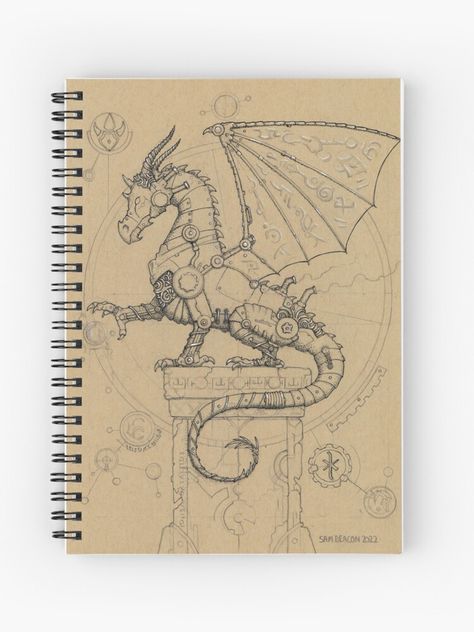 A tan-coloured spiral notebook with a wicked cool steampunk dragon design on the front Clockwork Dragon, Dragon Journal, Steampunk Dragon, Steampunk Animals, Fantasy Creature, Dragon Lover, Dragon Artwork, Steampunk Art, Robot Art