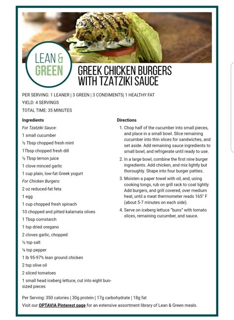 Greek chicken burgers with Tzatziki sauce lean and green Greek Chicken Burgers, Lean And Green Meals Optavia, Optivia Recipes, Optavia Diet, Optavia Hacks, Medifast Recipes, Fueling Hacks, Optavia Meals, Lean Green Recipes