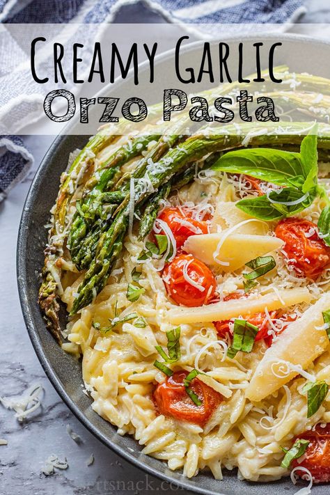 A creamy Orzo Pasta Recipe with garlic roasted asparagus and tomatoes, loads of parmesan, a divine amount of butter, and Boursin cheese. Orzo Boursin, Unique Pasta Recipes, Orzo Asparagus, Orzo Pasta Recipe, Garlic Roasted Asparagus, Creamy Orzo Pasta, Asparagus And Tomatoes, Orzo Pasta Recipes, Unique Pasta