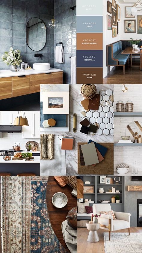 Commercial Feature Wall Design, Gray Rust Navy Color Scheme, Scandi Farmhouse Decor, Home Color Palettes Interior, Fall Colors Interior Design, Blue Gray Copper Living Room, Interior Design Shots, Art Studio Color Schemes, Moody Blue Color Scheme