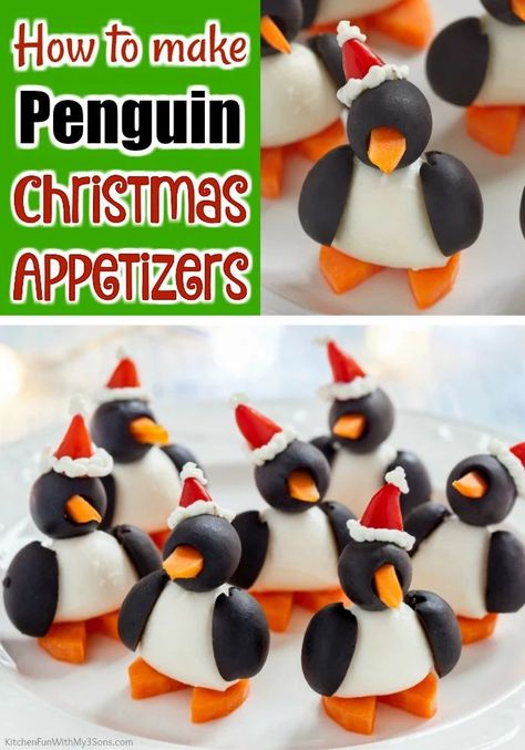 Penguin Mozzarella Balls, Penguin Olive Appetizer, Olive And Mozzarella Penguins, Black Olive Penguins, Penguin Charcuterie Board, Penguin Party Food, Mozzarella Penguins, Olive Penguins, Penguin Snacks