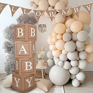 Gender Neutral Baby Shower Decorations, Neutral Baby Shower Decorations, Modern Baby Shower Themes, Gender Reveal Backdrop, Balloon Boxes, Baby Shower Decorations Neutral, Bohemian Baby Shower, White Baby Showers, Balloon Box