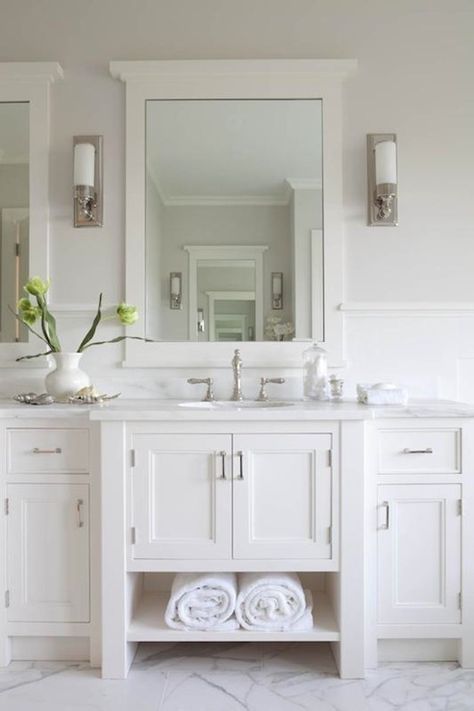 White Marble Hamptons Bathrooms, Hampton Style Bathroom, Marble Tile Bathroom Floor, Hampton Style Bathrooms, Hamptons Style Bathroom, Vanity Hardware, Long Vanity, Room Vanity Ideas, All White Bathroom