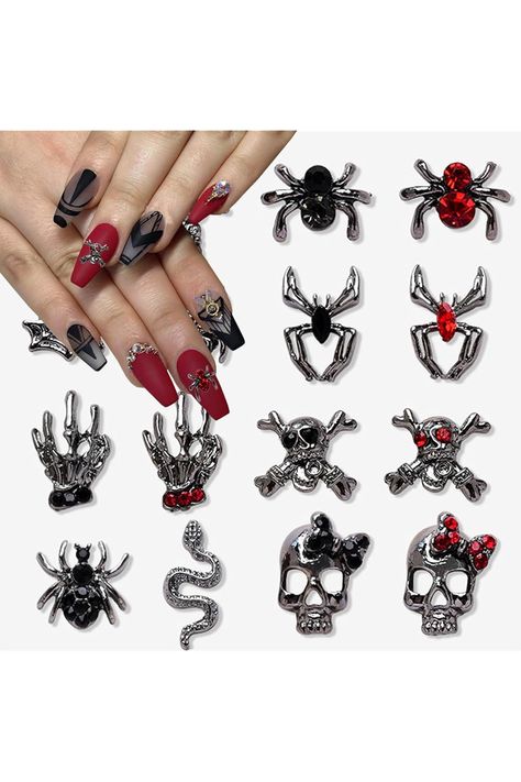 Halloween Nail Charms 3D Metal Nail Art Rhinestone Spider Hand Skeleton Nail Jewels Shiny Alloy Skull Nail Art Charms for Acrylic Nails Dark Retro Gothic Nail Supplies for Halloween Nails Decorations Halloween Nail Charms, Metal Nail Art, Skull Nail Art, Rhinestone Spider, Hand Skeleton, Nails Dark, Skull Nails, Nail Art Charms, Gothic Nails