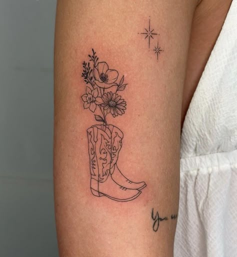 Kansas Inspired Tattoos, Cowgirl Boot Flower Tattoo, Girly Country Tattoos, Georgia Tattoo For Women, Unique Western Tattoos For Women, Country Tattoos Simple, Country Wrist Tattoos, Big Cute Tattoos, Simple Cow Skull Tattoo