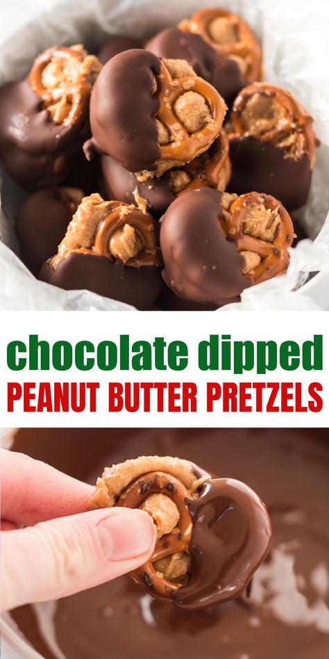 These chocolate peanut butter stuffed pretzels are dipped in chocolate! Perfect super easy holiday dessert! Peanut Butter Dipped Pretzels, Pretzel Snack Recipes, Stuffed Pretzels, Peanut Butter Pretzels, Peanut Butter Pretzel Bites, Peanut Butter Dip, Butter Pretzels, Pretzel Snacks, Dipped Pretzels