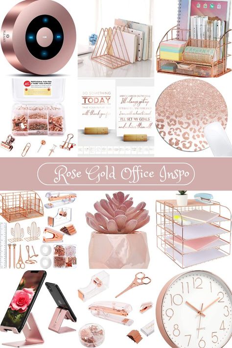 Black White And Rose Gold Office, Cute Boho Office Ideas, Dusty Rose Office Decor, Rose Gold Cubicle Decor Office, Blush And Gold Office Decor, Rose Gold Cubicle Decor, Rose Gold And Green Office, Rose Gold Office Supplies, Pink White And Gold Office Ideas