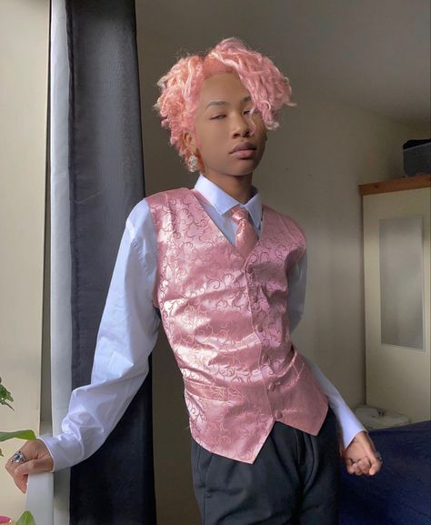 Gender Neutral Prom Dress, Pink Nonbinary Outfit, Masc Reference Pose, Fem Clothes For Men, Feminine Looking Men, Pink Mens Outfit, Fem Character Design, Gills On Human, Masc Pink Outfit